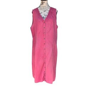J. Jill Pink 100% Linen Sleeveless Button Front Dress XL Pintuck Crochet Trim
